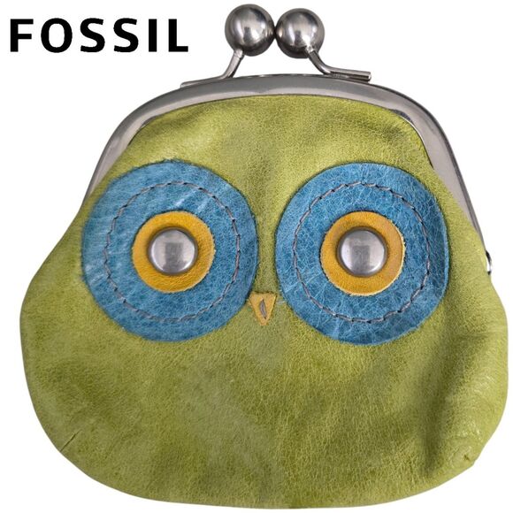 Fossil Coin Kiss-Lock Closure Owl Design w/ Key Olive Green Leather - Picture 5 of 5